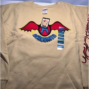 Aerosmith Crew Neck Sweatshirt Embroidered Logo Front Back Sleeve XXL Tan